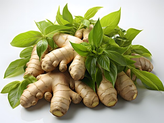 Pile of Fresh Ginger with Leaves Isolated on White Background Ginger Root or Rhizome