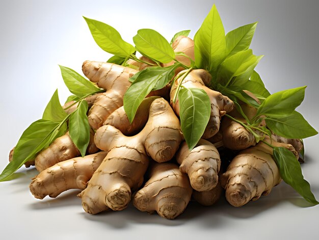 Pile of Fresh Ginger with Leaves Isolated on White Background Ginger Root or Rhizome