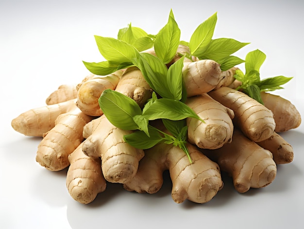 Pile of Fresh Ginger with Leaves Isolated on White Background Ginger Root or Rhizome