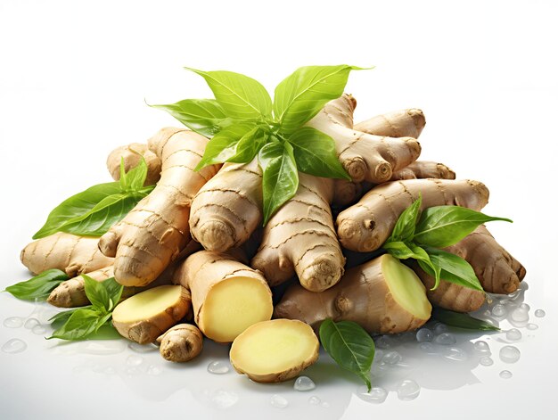 Pile of Fresh Ginger with Leaves Isolated on White Background Ginger Root or Rhizome