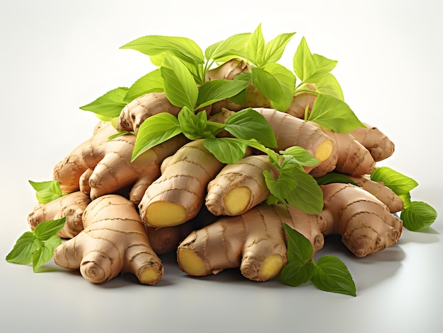 Pile of Fresh Ginger with Leaves Isolated on White Background Ginger Root or Rhizome