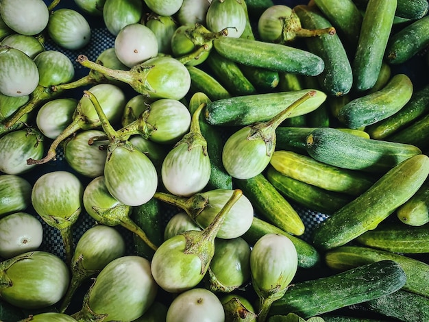 Pila di fresco verde melanzane e cetrioli per la vendita al mercato stall