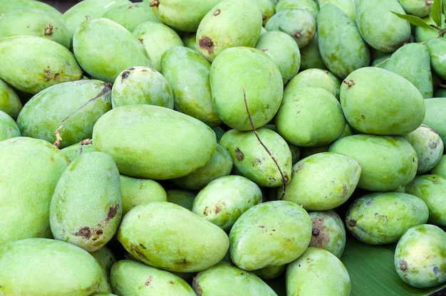 Pile of fresh green mango fruit in market at thailand