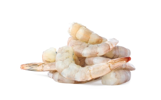 Pile of fresh raw shrimps isolated on white