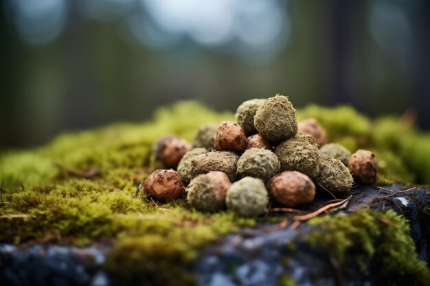 Pile of fresh truffles on a bed of moss with a dark background