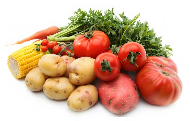 A pile of fresh vegetables including tomatoes potatoes