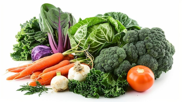 A pile of fresh vegetables on a white background