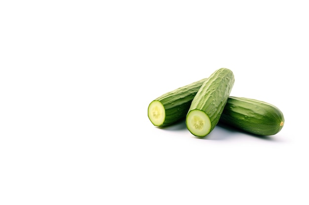 A pile of fresh whole and sliced green cucumbers isolated on white background with copy space