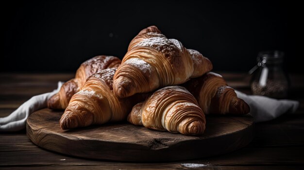 A pile of freshly baked classic French croissants on a rustic wooden table