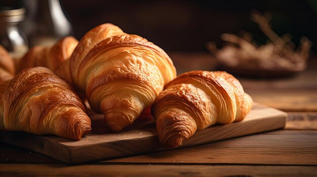 A pile of freshly baked classic french croissants on a rustic wooden table