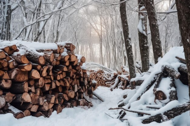 Pile of freshly chopped firewood in snowy forest created with generative ai