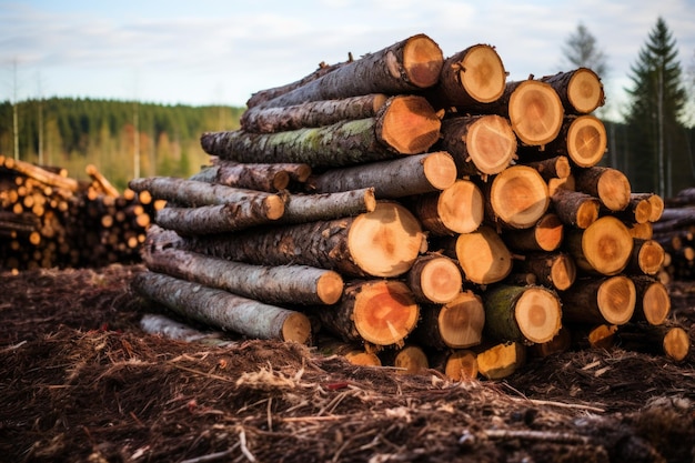 Pile of freshly cut logs in a deforested area