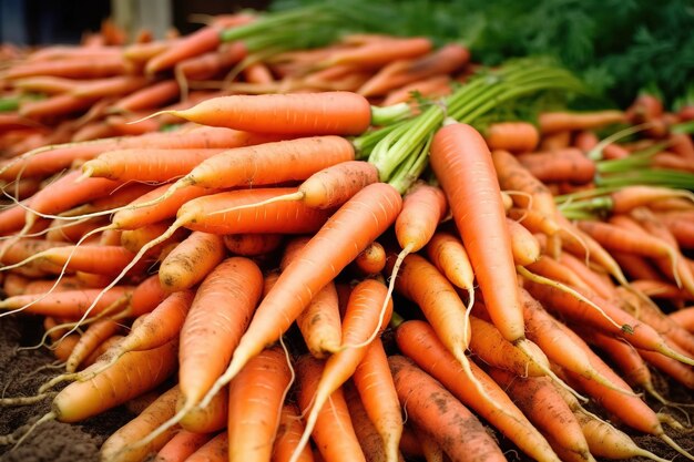 A pile of freshly picked carrots on a farm