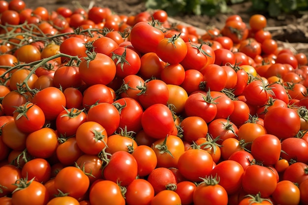 A pile of freshly picked tomatoes on a farm