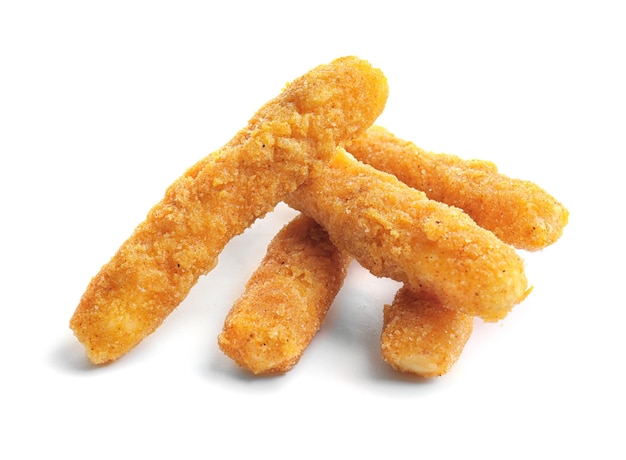 Pile of fried cheese sticks on white background