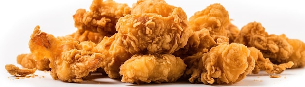 A pile of fried chicken nuggets sits on a table.