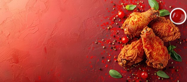 Photo pile of fried chicken with ketchup cup