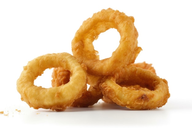 A pile of fried onion rings on a white background generative AI