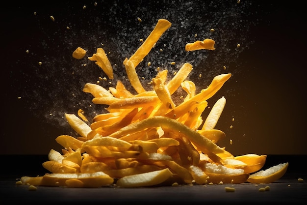 A pile of fries with the word french on it