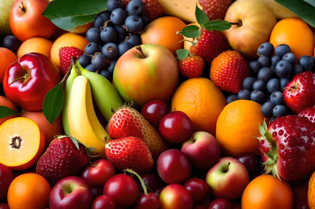 A pile of fruit including bananas, strawberries, and other fruits