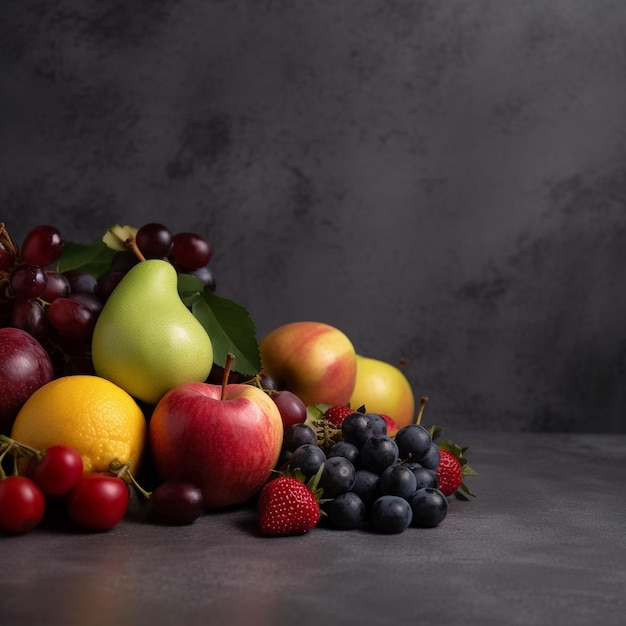 A pile of fruit including a pear, pear, and blueberries.