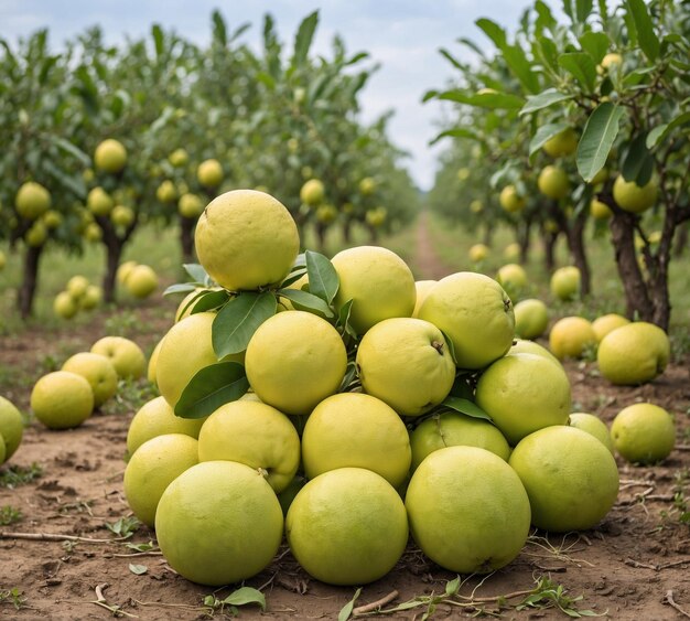 Photo a pile of fruit is piled on top of a pile of apples