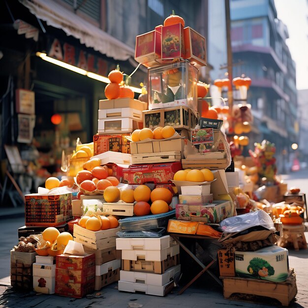 a pile of fruit is stacked on top of a pile of boxes