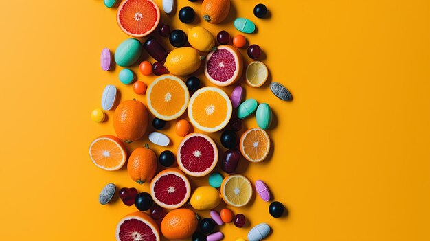 A pile of fruit and pills on a yellow background