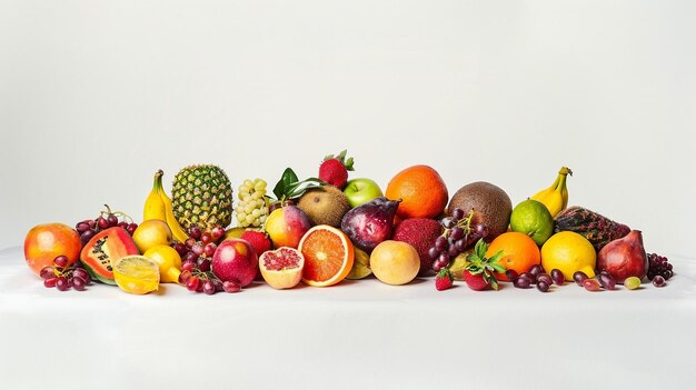 A pile of fruit sitting on top of a white table