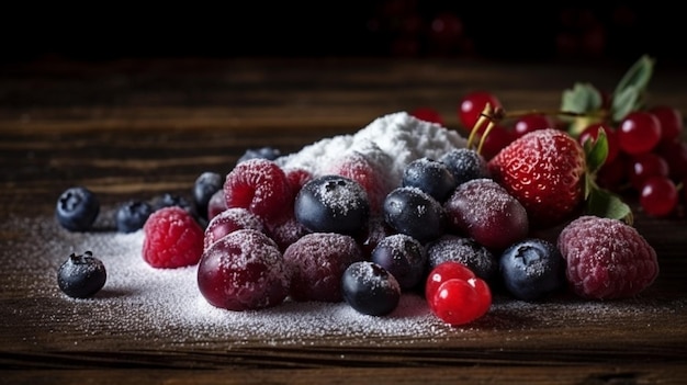 粉砂糖とテーブルの上の果物の山