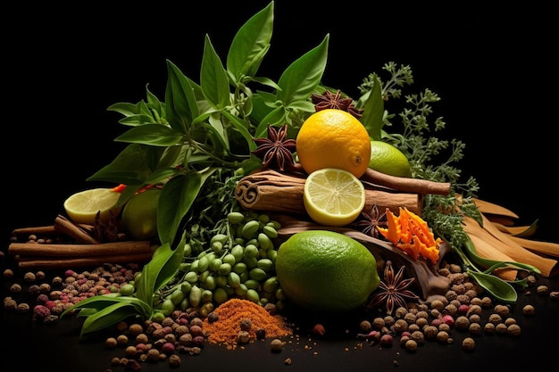 Photo a pile of fruit and vegetables with a black background.