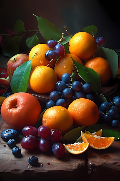 A pile of fruit with blueberries and oranges on a table.