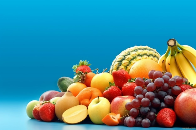 A pile of fruits on a blue background