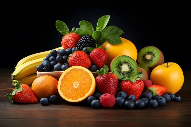 a pile of fruits including one that has the word fruit on it