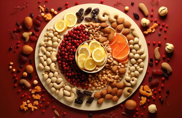 Pile of fruits and nuts on red background