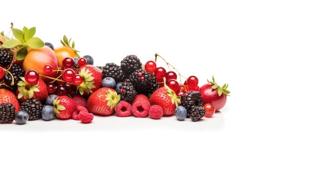 A pile of fruits with berries on the top