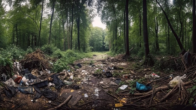 Pile of garbage in the forest Environmental pollution Ecology concept Generative AI