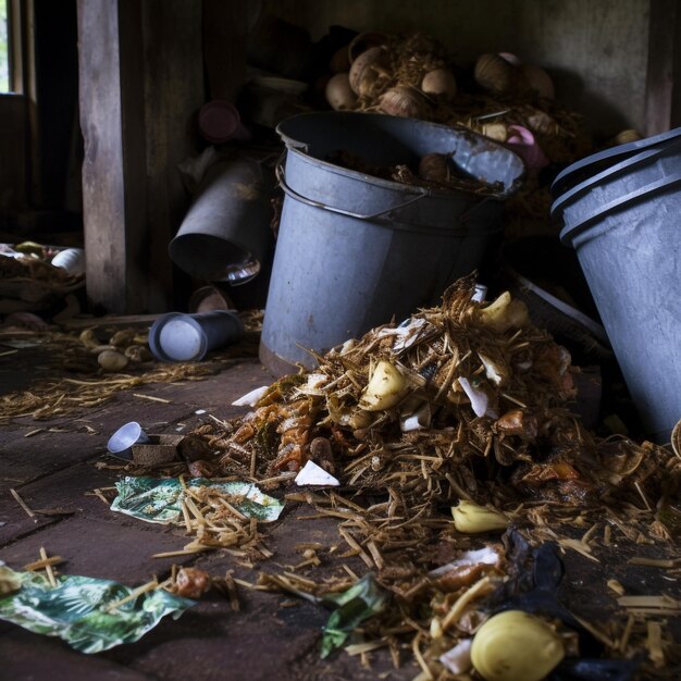 Photo a pile of garbage is on the floor of a dirty room.