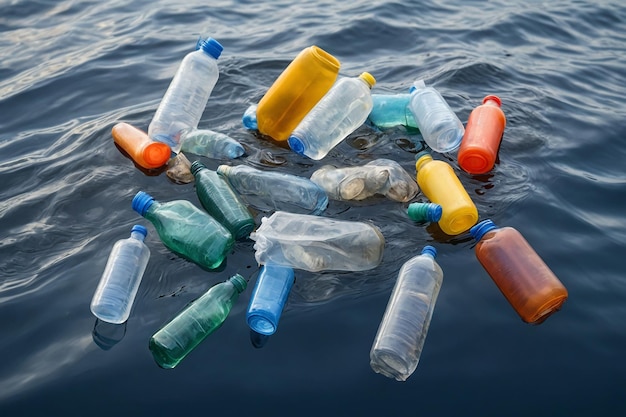세계 바다의 물 오염에서 떠다니는 쓰레기 플라스틱 폐기물 병의 어리