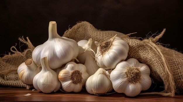 A Pile of Garlic on a Wooden Table