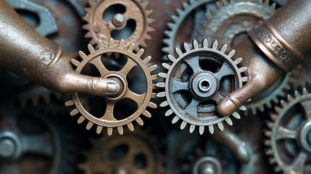 A pile of gears with one being worn by a man