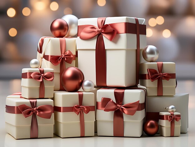 a pile of gift boxes with a red ribbon and gold ribbon.