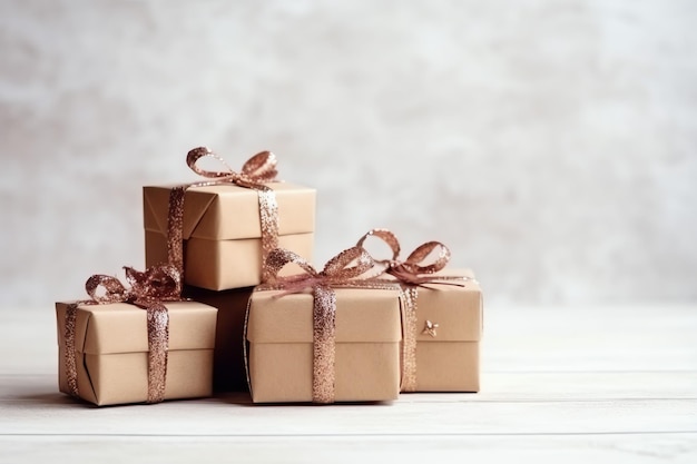 a pile of gift boxes with a ribbon tied around the top