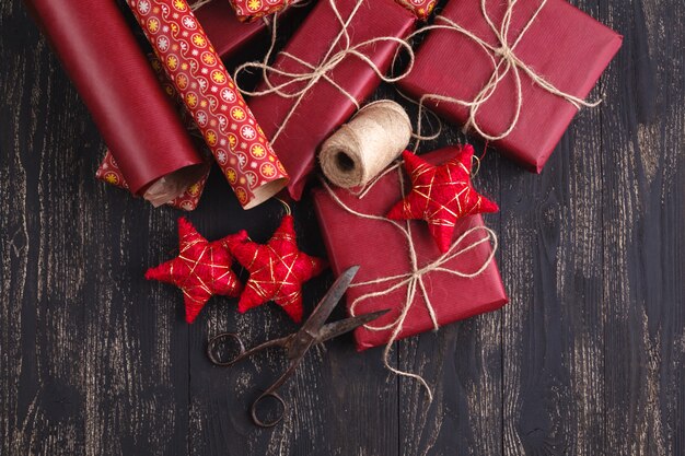 Pile of gifts on the old table.