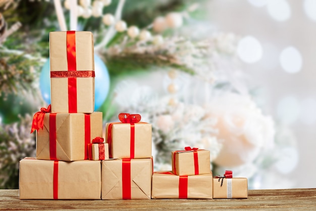 Pile of gifts on the old table