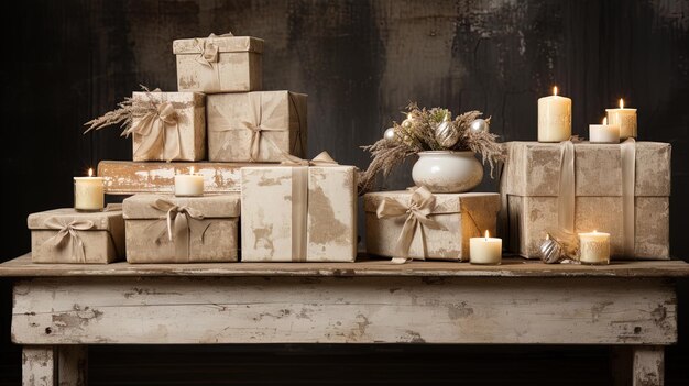 a pile of gifts with a candle in the background