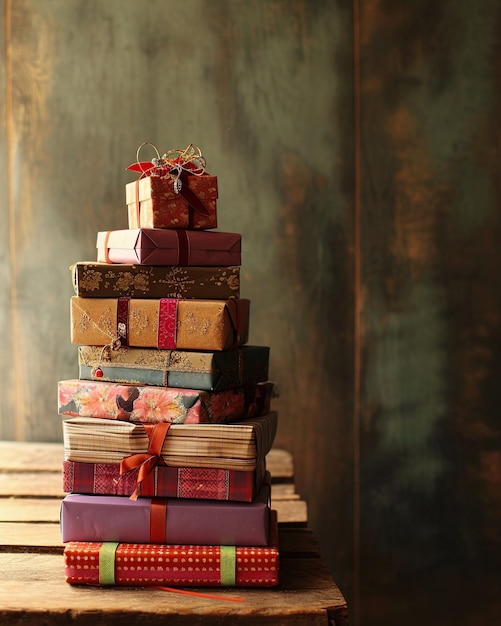 Pile of gifts on wooden table over grunge background