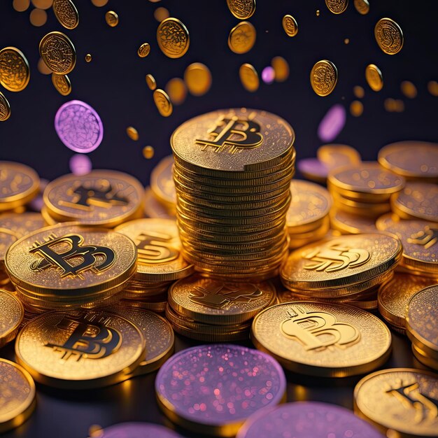 a pile of glittering gold bitcoin coins