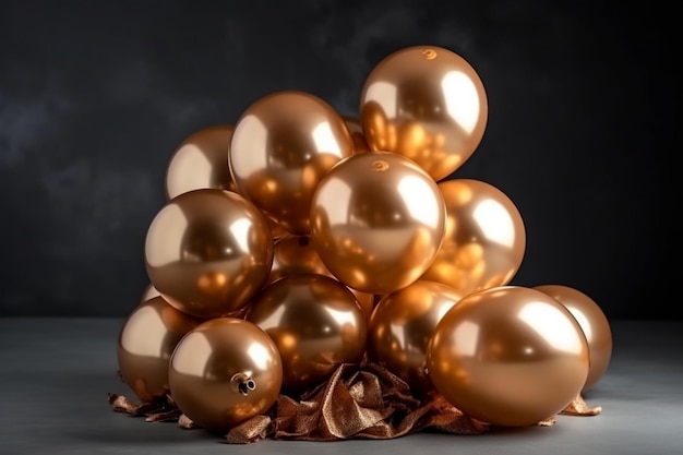 A pile of gold balloons on a black background