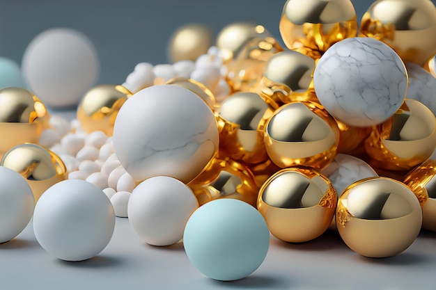 A pile of gold balls with white and blue balls on top.